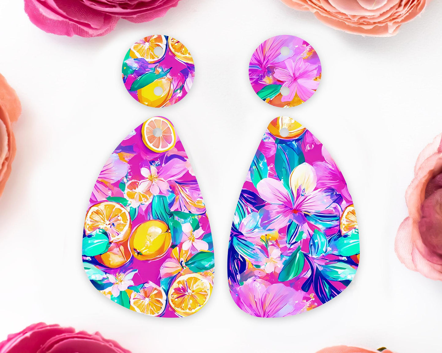 Tropical Flowers & Lemon Teardrop Earrings Blanks