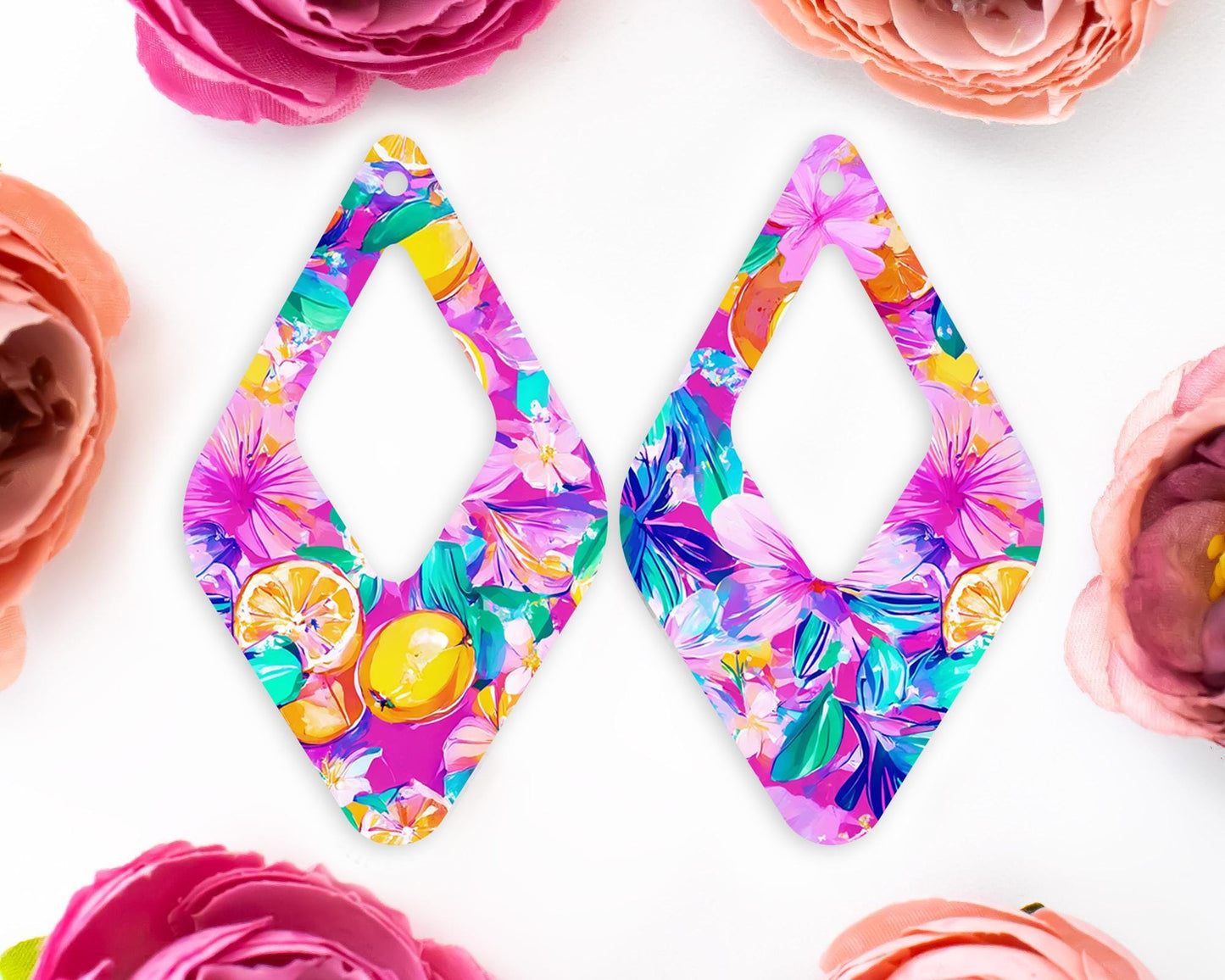 Tropical Flowers & Lemon Diamond Earrings Blanks