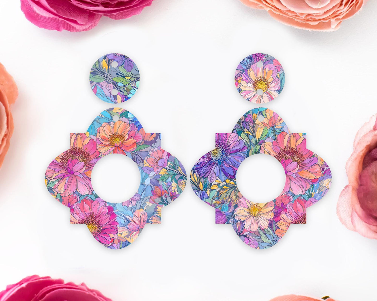 Pastel Watercolor Flowers Geometric Earrings Blanks