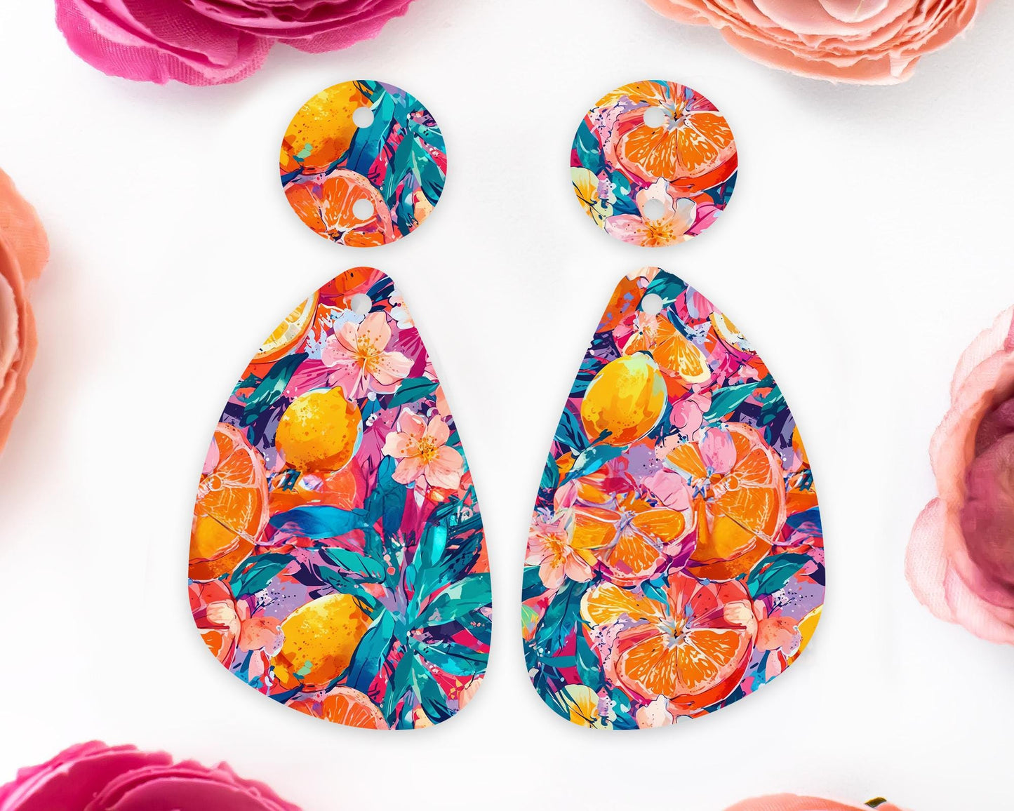 Oranges & Tropical Flowers Teardrop Earrings Blanks