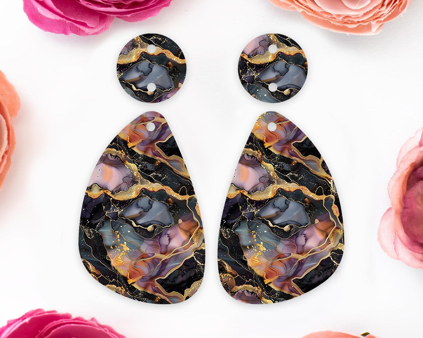 Black and Gold Alcohol Ink Teardrop Earrings Blanks