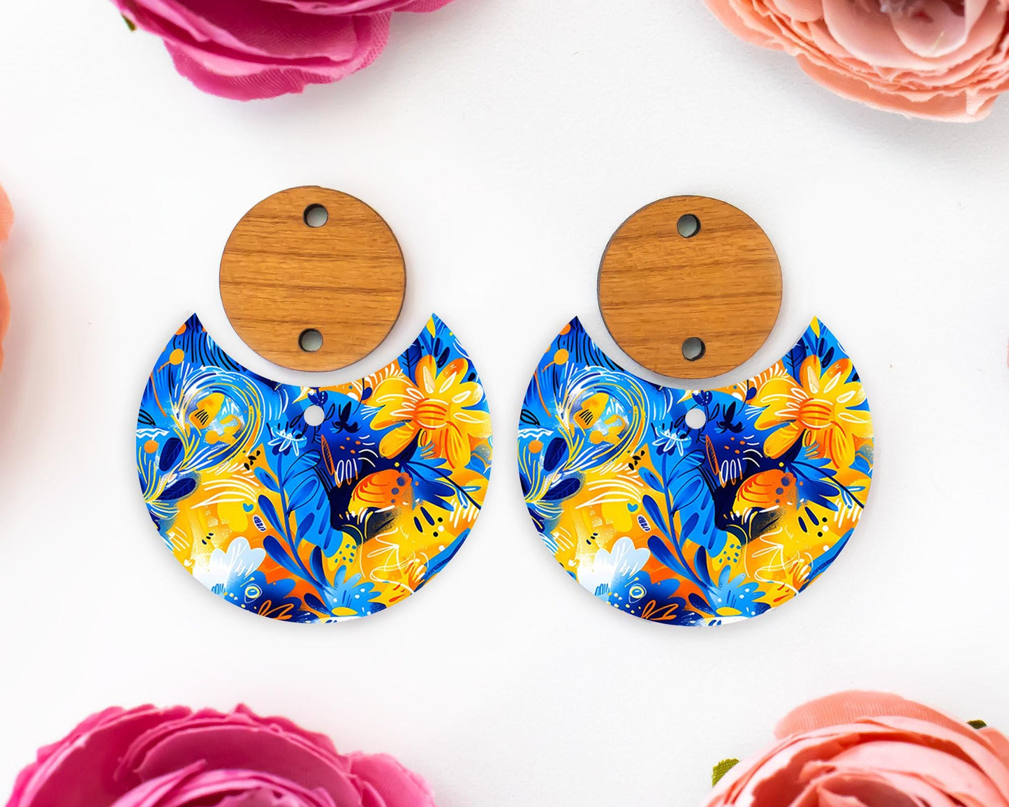 Blue & Orange Flowers Circle Drop Earrings Blanks