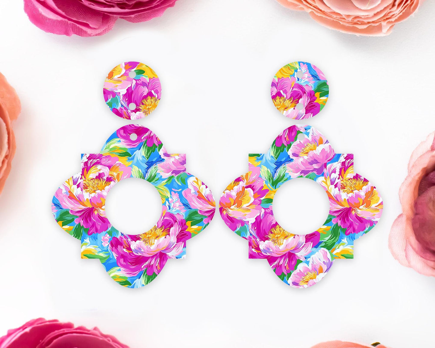 Painted Peony Flowers Geometric Earrings Blanks