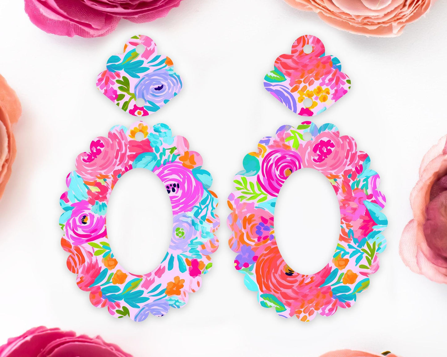 Preppy Flowers Scallop Oval Acrylic Blanks