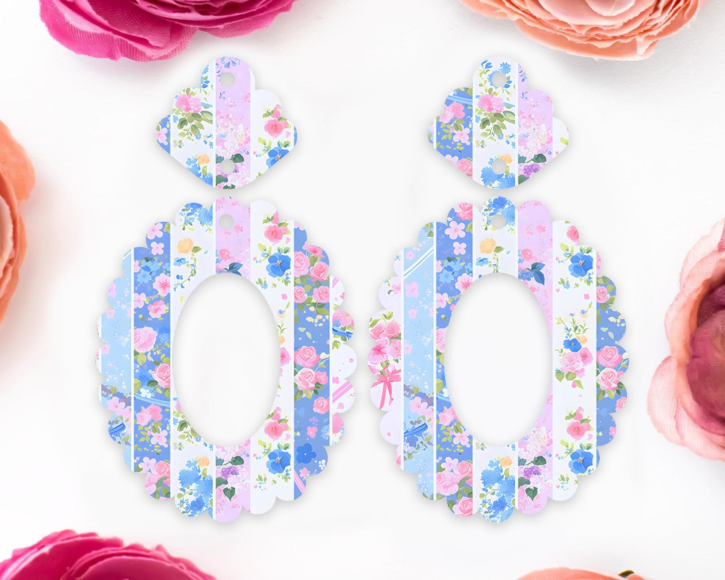 Grandmillennial Flowers Scallop Oval Earrings Blanks