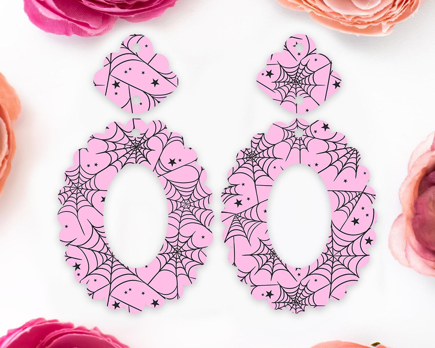 Pink Spider Webs Halloween Scallop Oval Earring Blanks