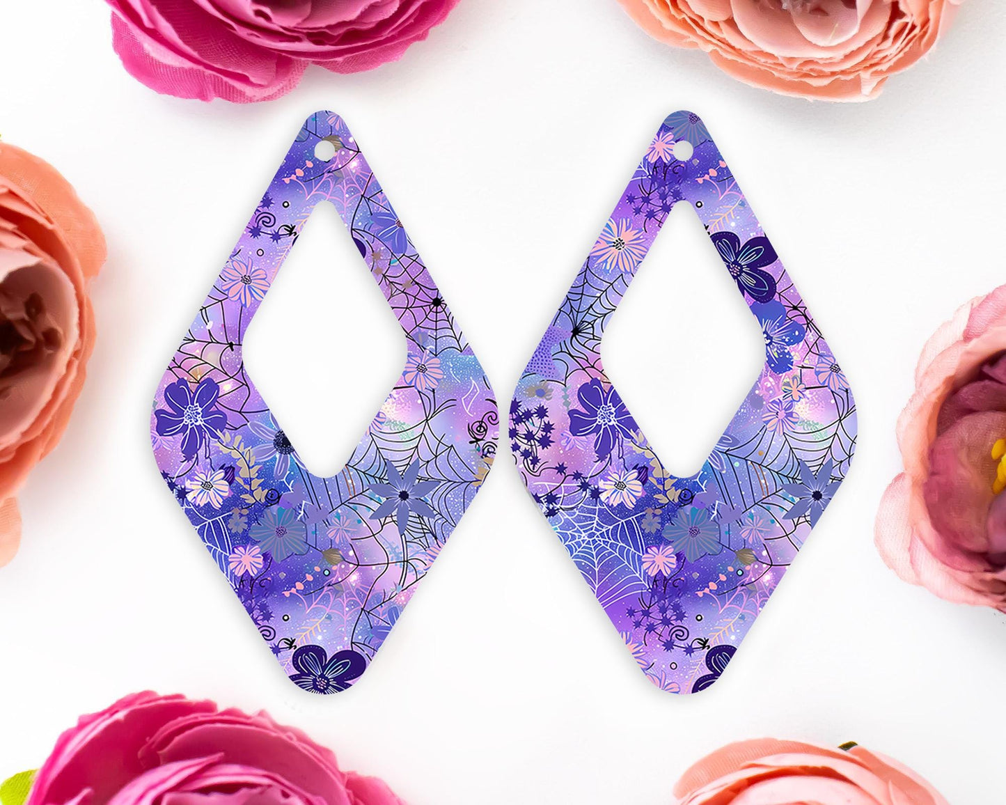 Floral Spider Web Halloween Diamond Teardrop Earrings Blanks