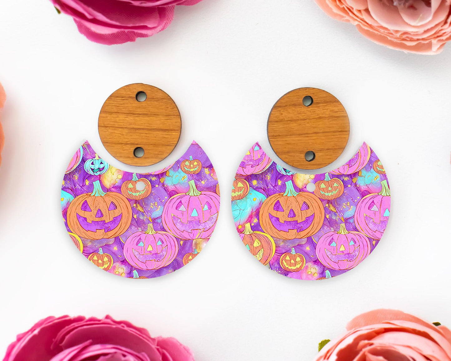 Pink Jack-o-Lantern Pumpkin Halloween Circle Drop Earring Blanks