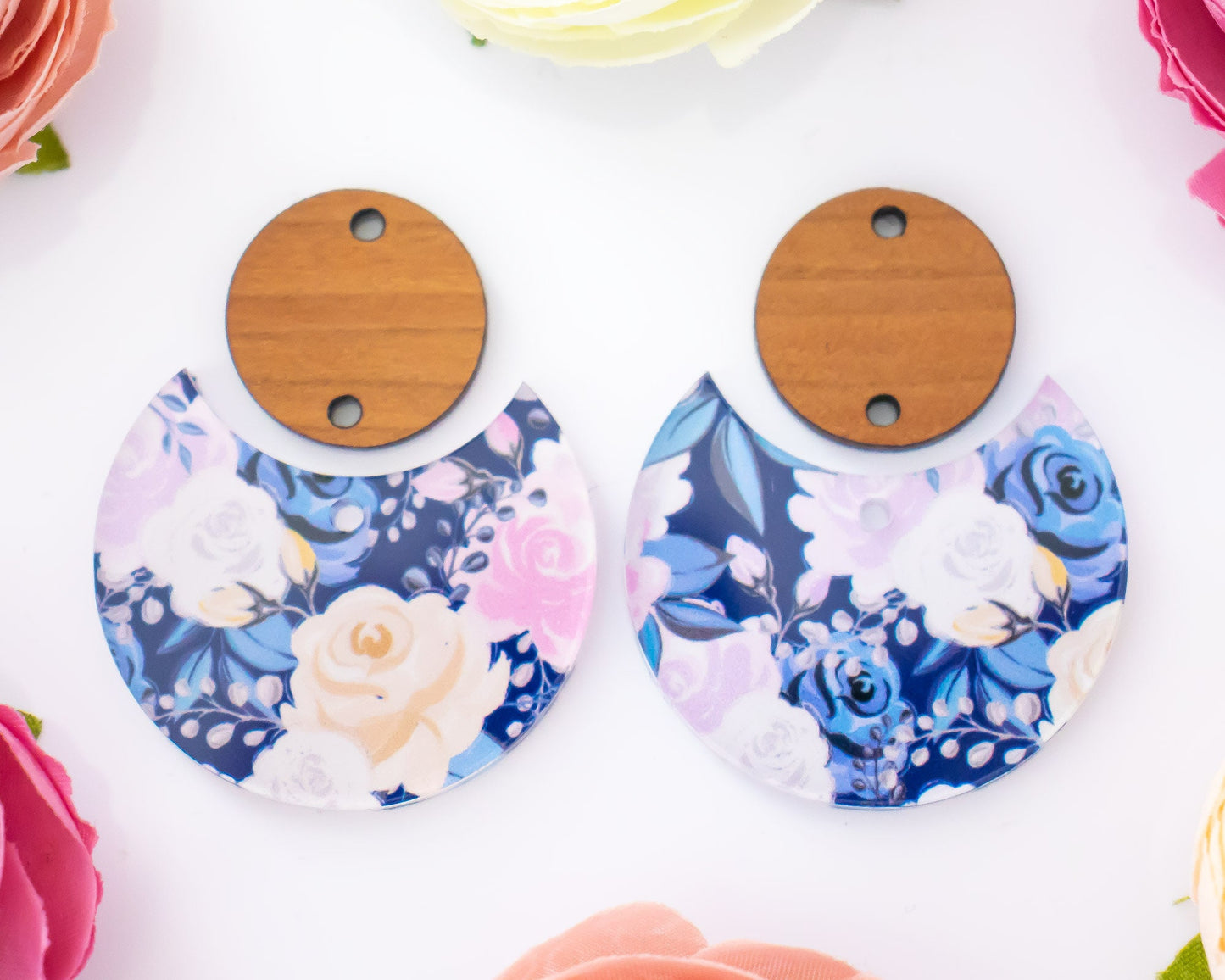 Blue Floral Circle Drop Earrings Blanks