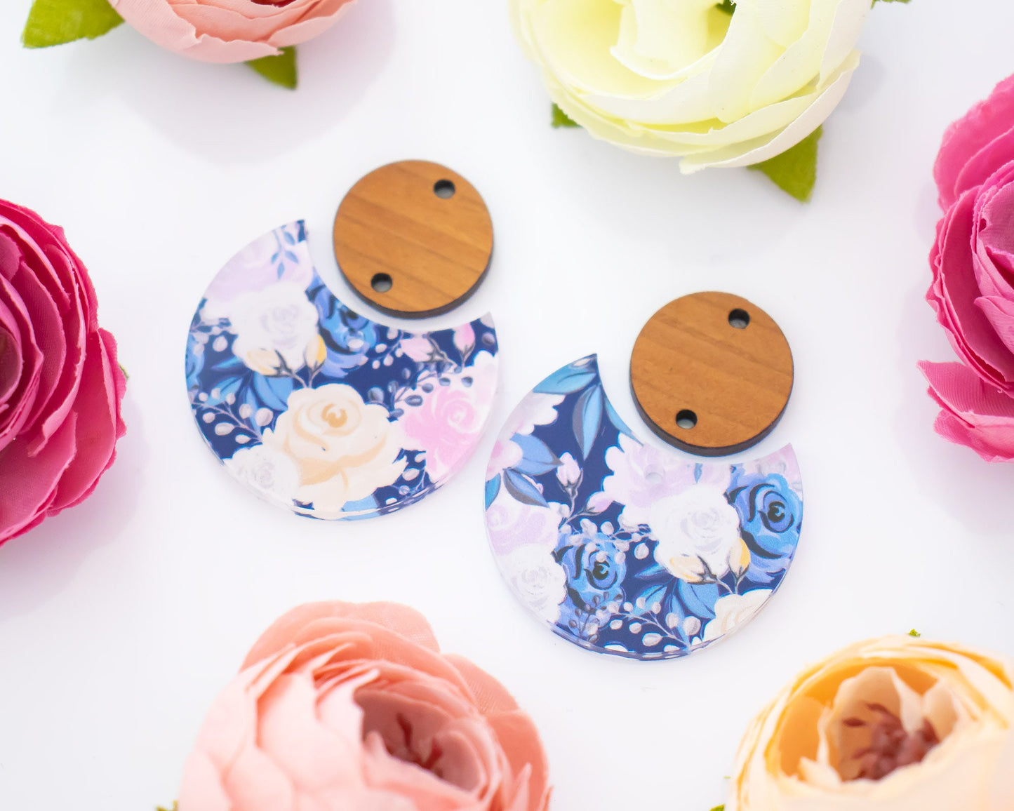 Blue Floral Circle Drop Earrings Blanks