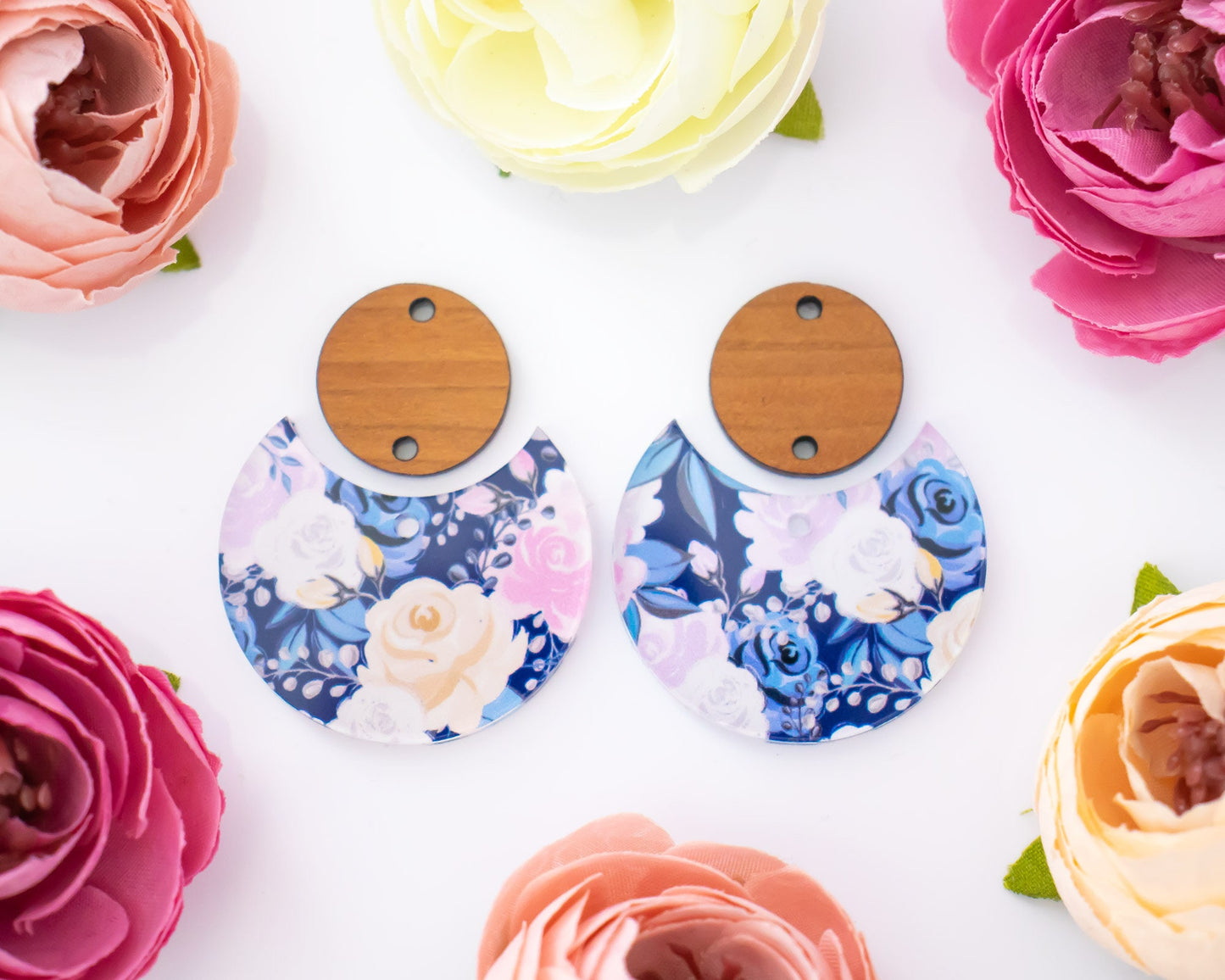 Blue Floral Circle Drop Earrings Blanks