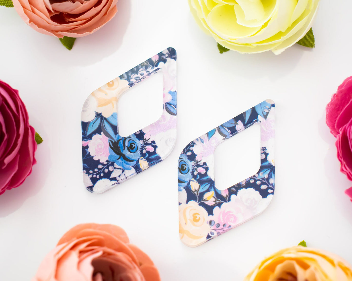 Blue Floral Diamond Teardrop Earrings Blanks