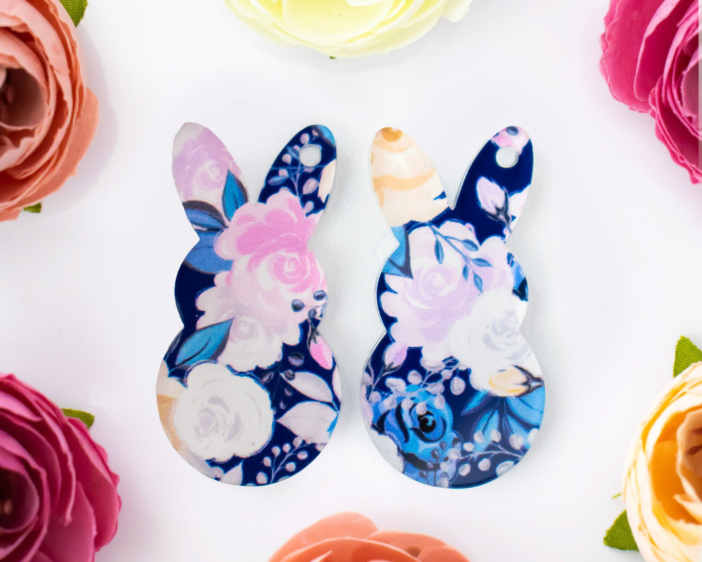 Blue Floral Easter Bunny Earring Blanks