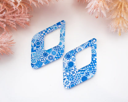 Moroccan Blue Tile Diamond Teardrop Earrings Blanks
