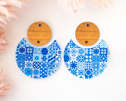 Moroccan Blue Tile Circle Drop Earrings Blanks