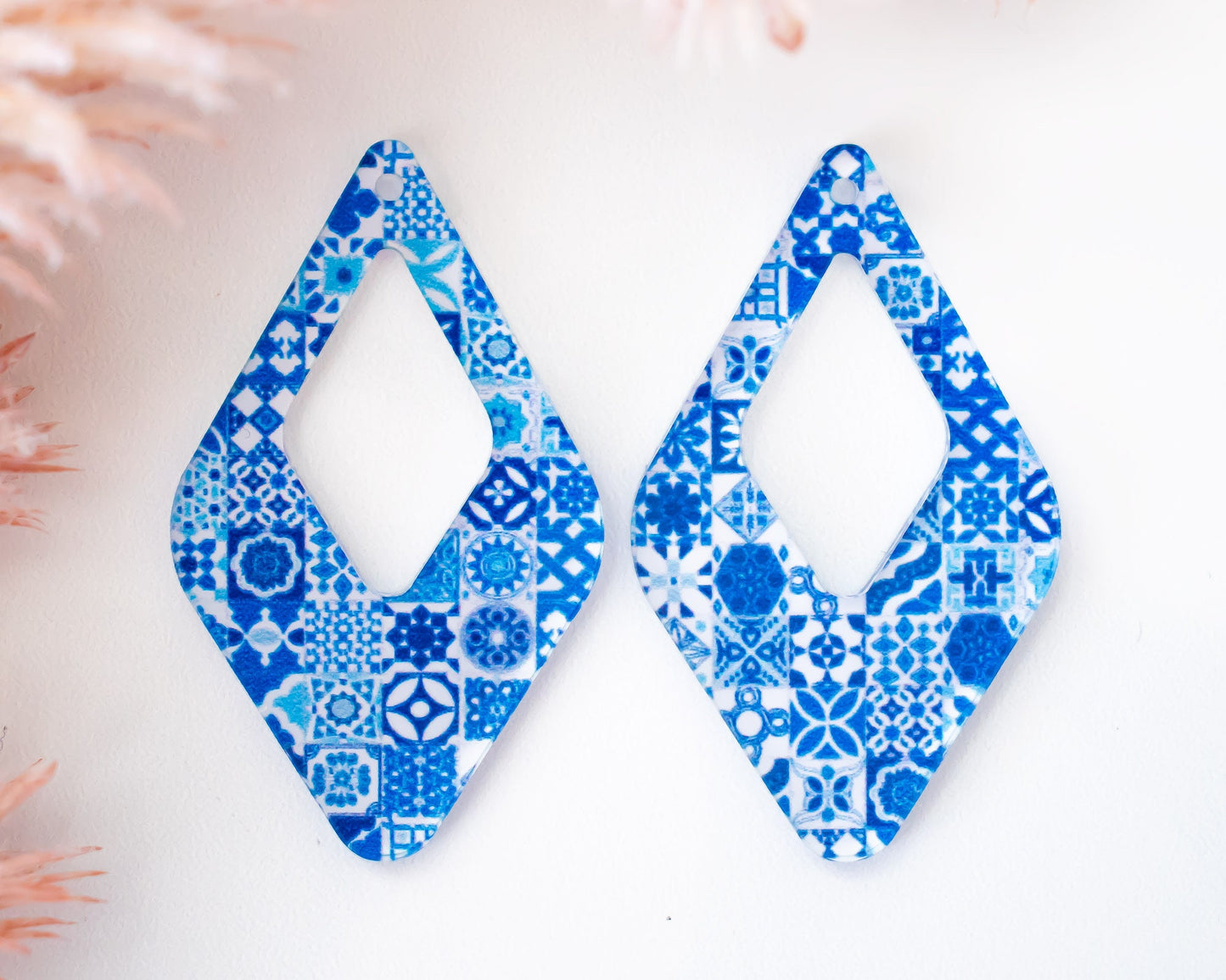 Moroccan Blue Tile Diamond Teardrop Earrings Blanks