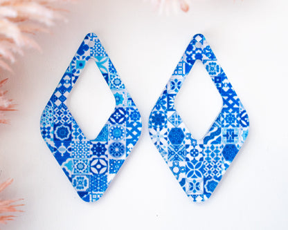 Moroccan Blue Tile Diamond Teardrop Earrings Blanks