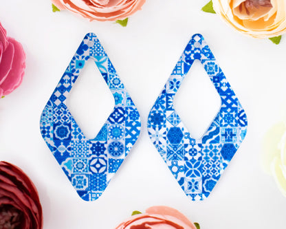 Moroccan Blue Tile Diamond Teardrop Earrings Blanks