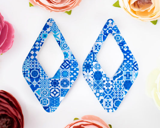 Moroccan Blue Tile Diamond Teardrop Earrings Blanks