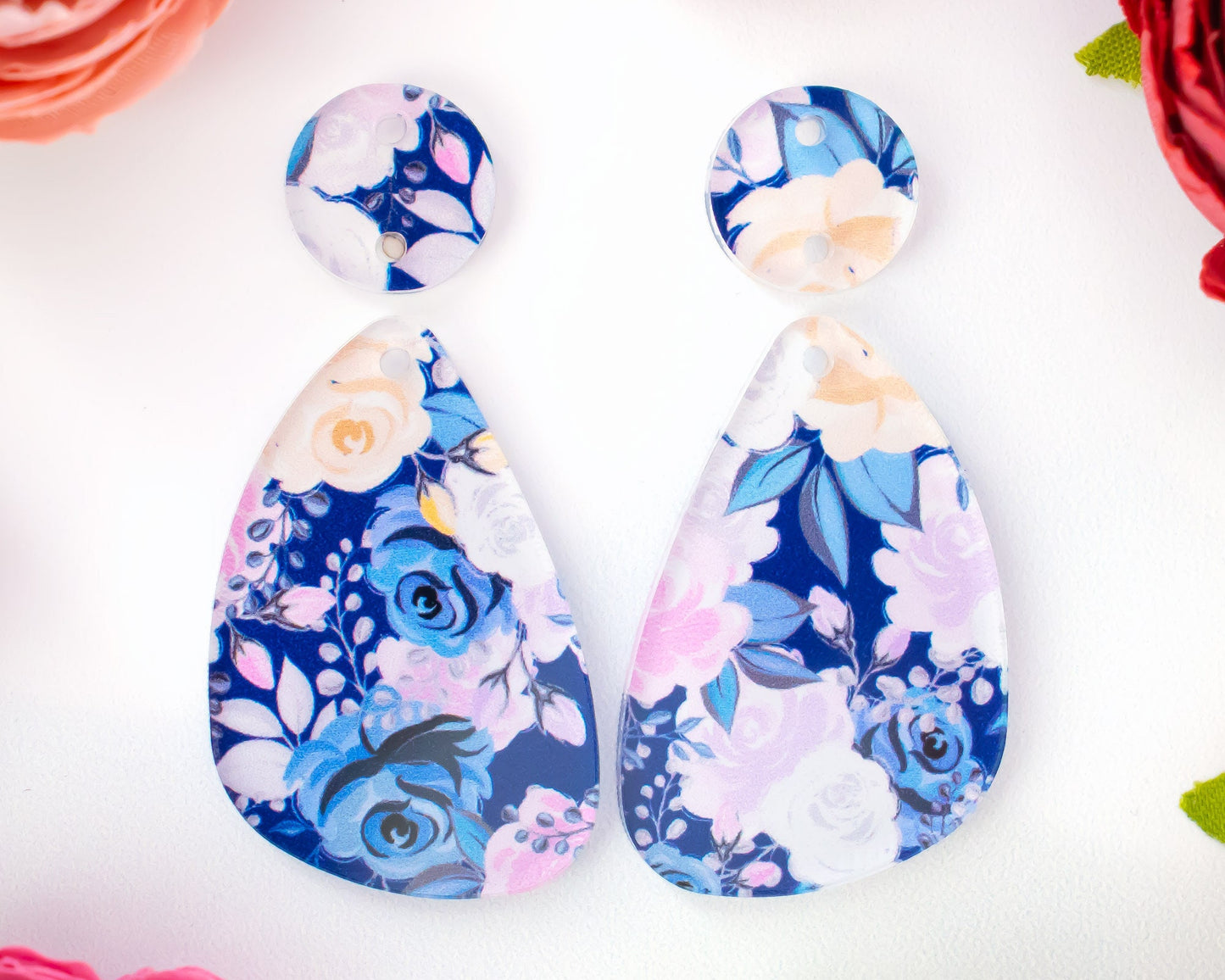 Blue Floral Teardrop Acrylic Earrings Blanks