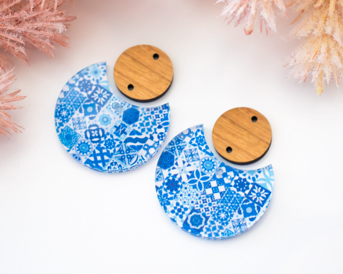 Moroccan Blue Tile Circle Drop Earrings Blanks