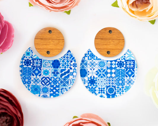 Moroccan Blue Tile Circle Drop Earrings Blanks