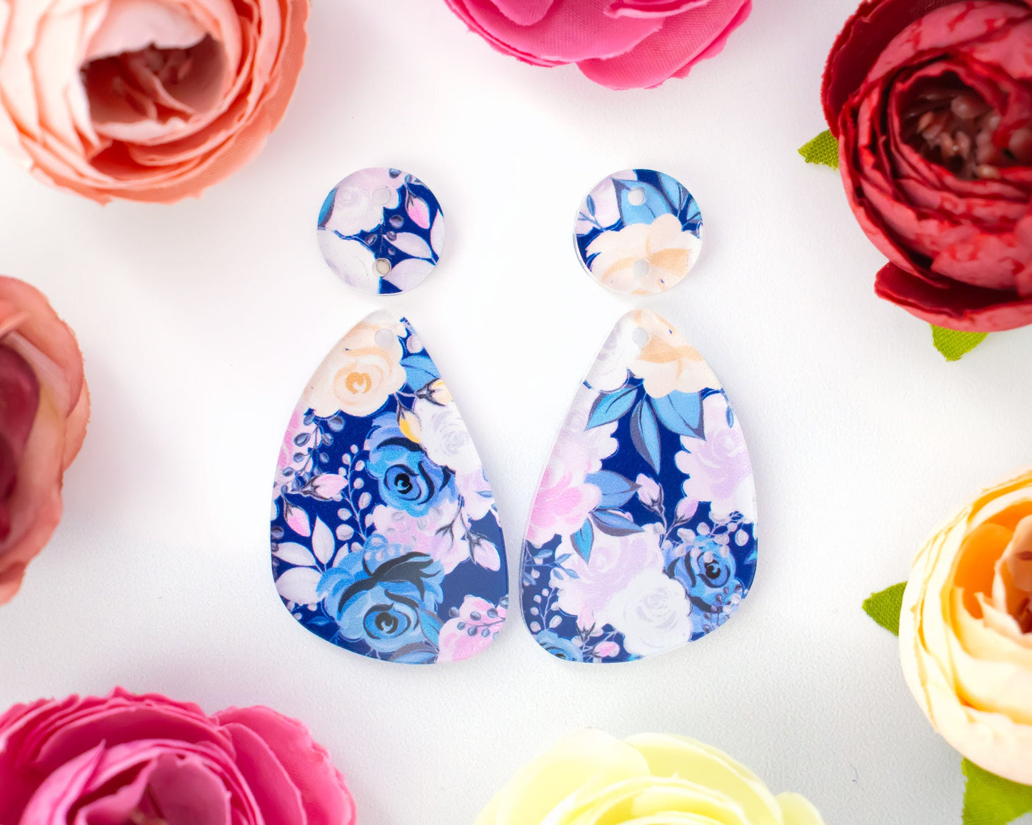 Blue Floral Teardrop Acrylic Earrings Blanks