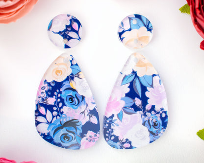Blue Floral Teardrop Acrylic Earrings Blanks