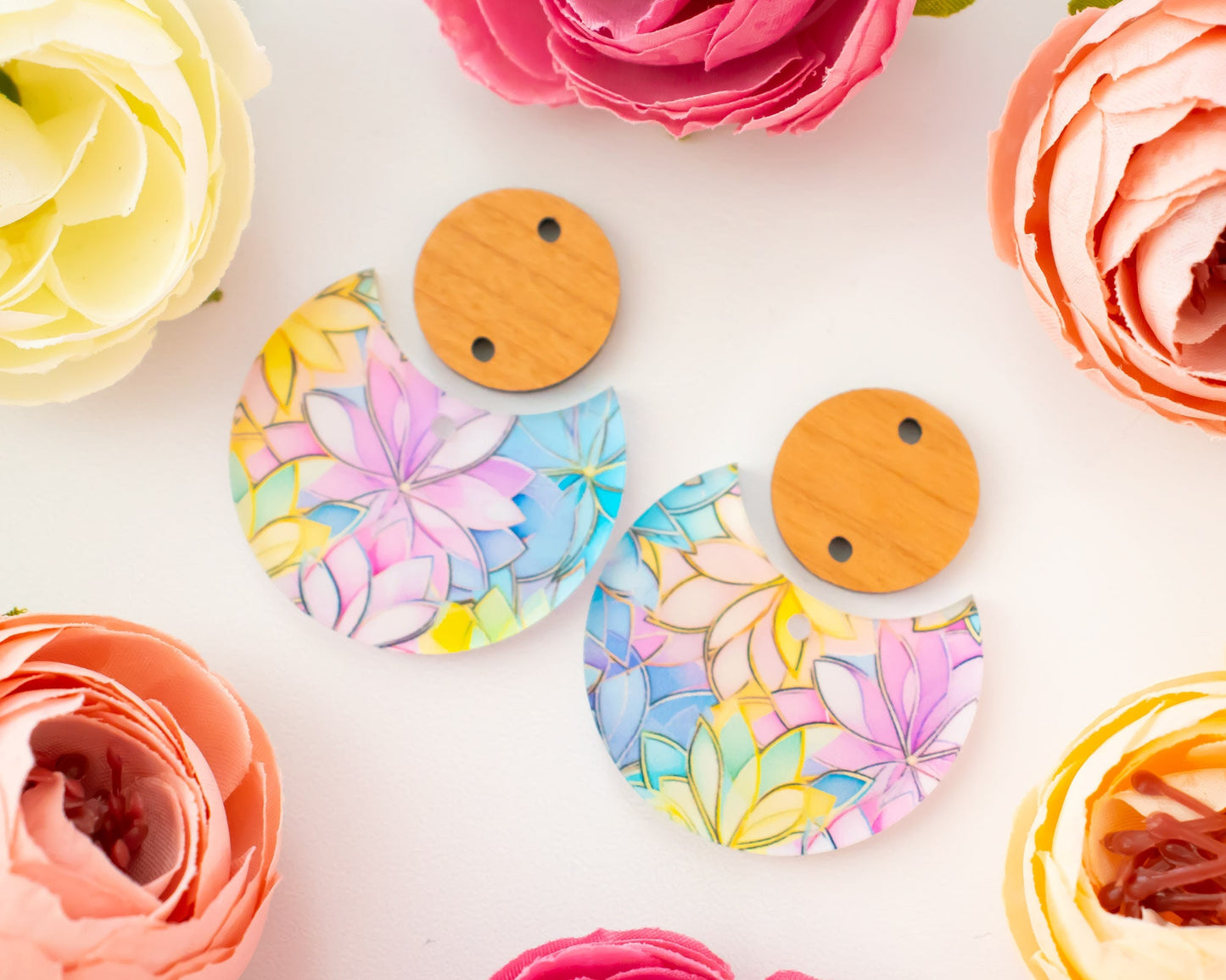 Pastel Floral Circle Drop Earrings Blanks