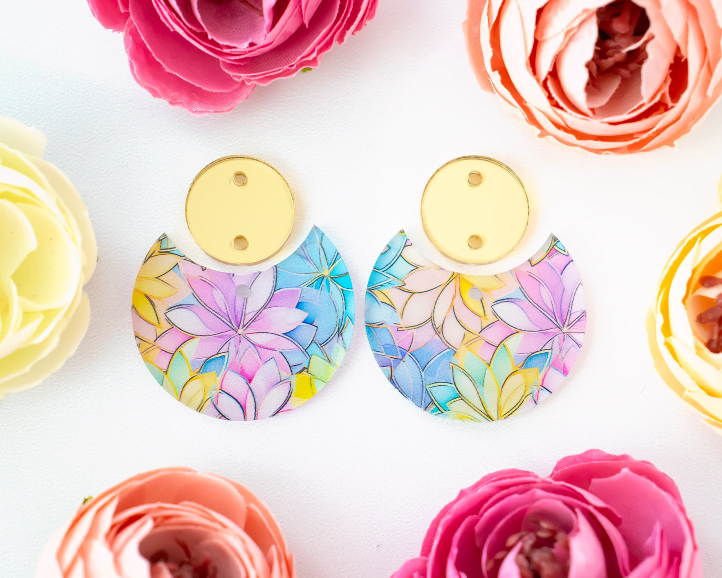 Pastel Flowers Circle Drop Earrings Blanks