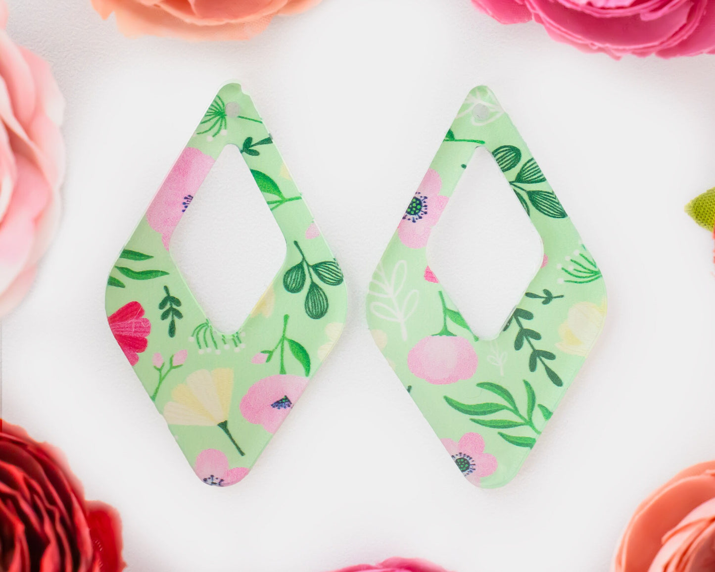 Small Flowers Green Teardrop Earrings Blanks