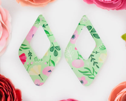 Small Flowers Green Teardrop Earrings Blanks