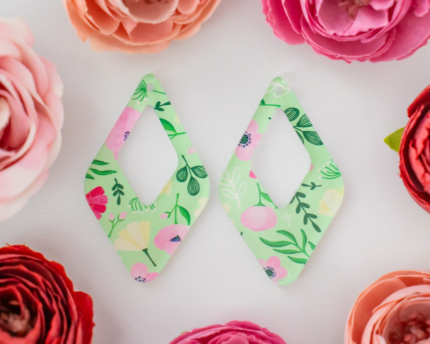 Small Flowers Green Teardrop Earrings Blanks