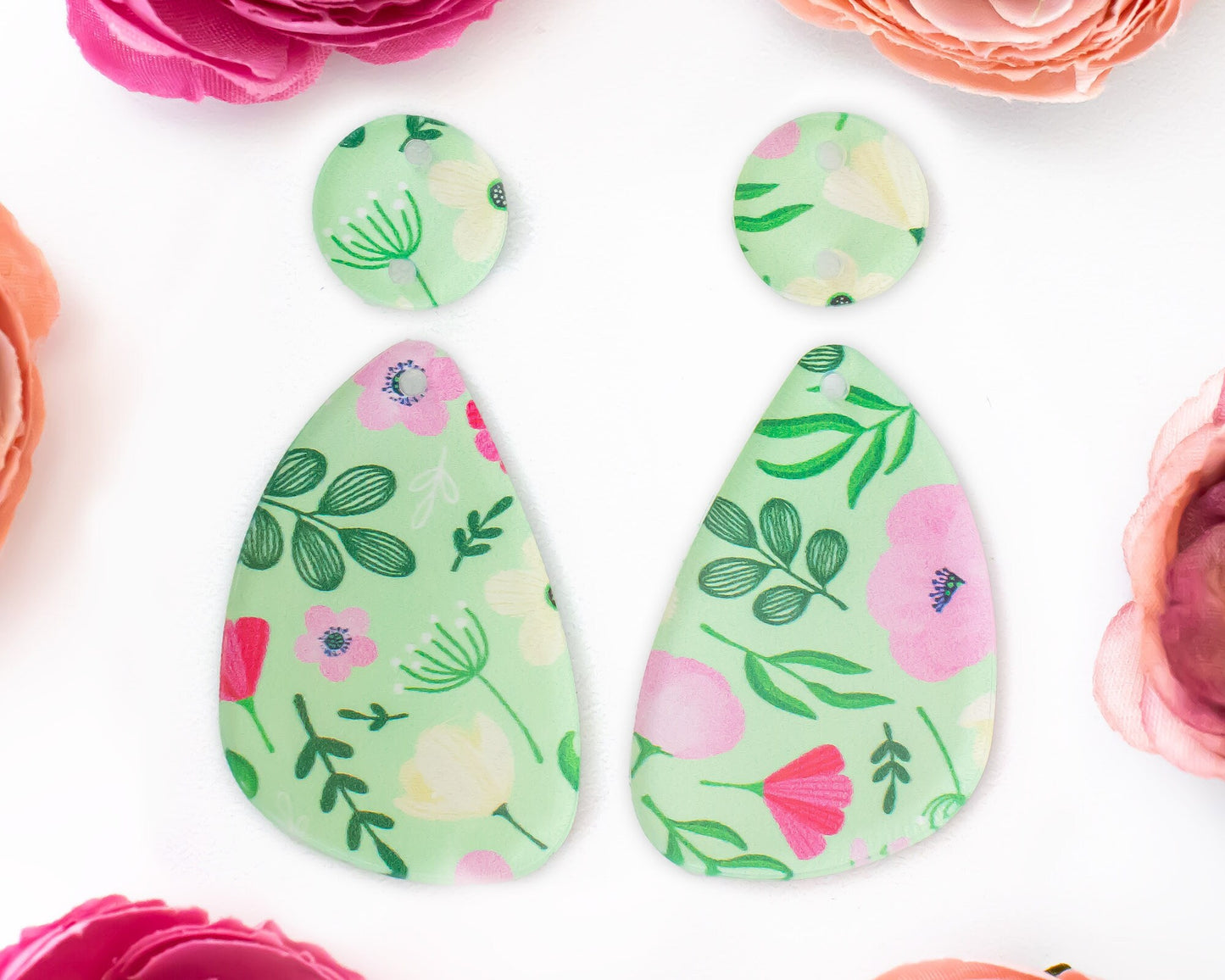 Small Green Flower Teardrop Earrings Blanks