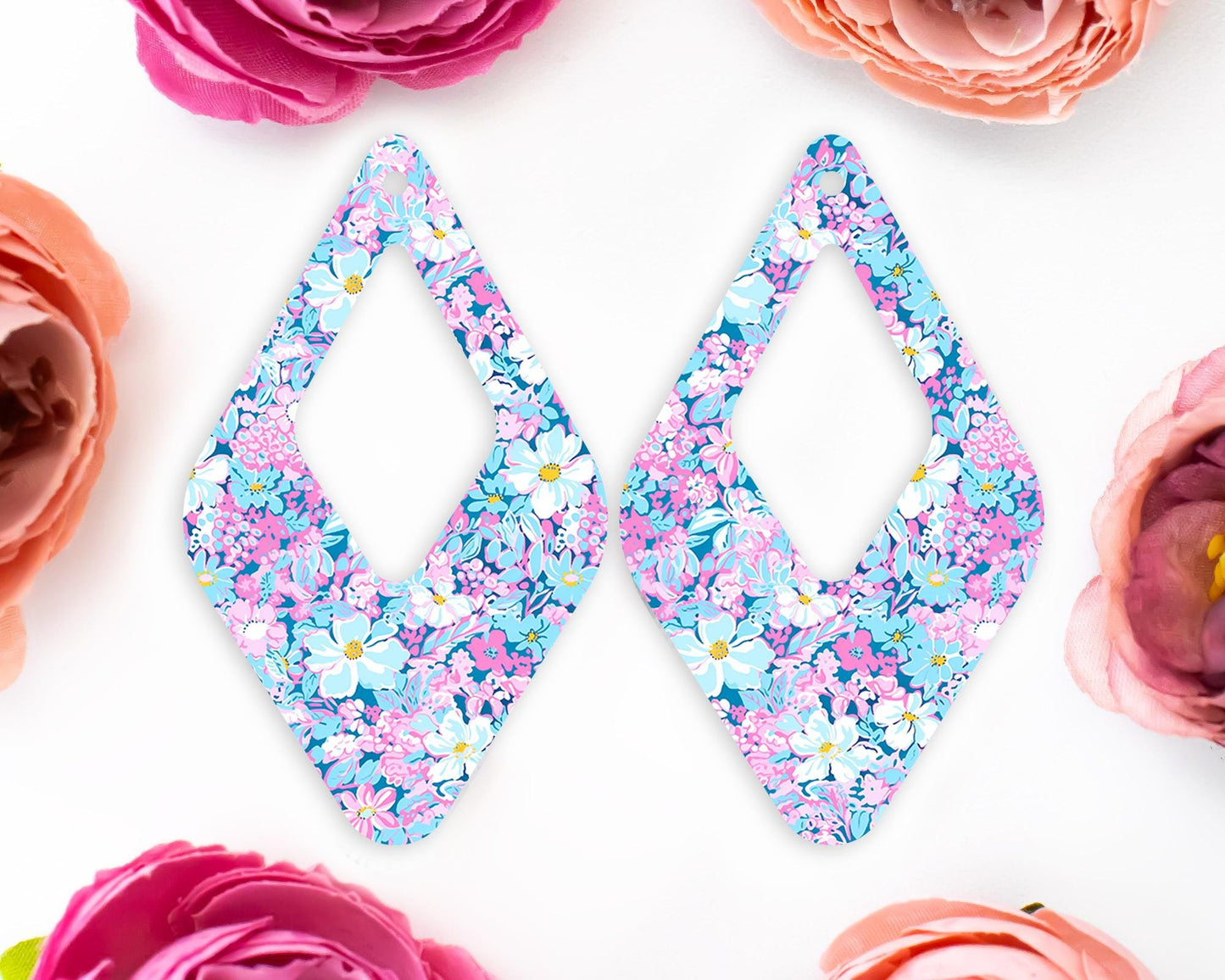 Pastel Blue and Pink Flower Teardrop Earrings Blanks