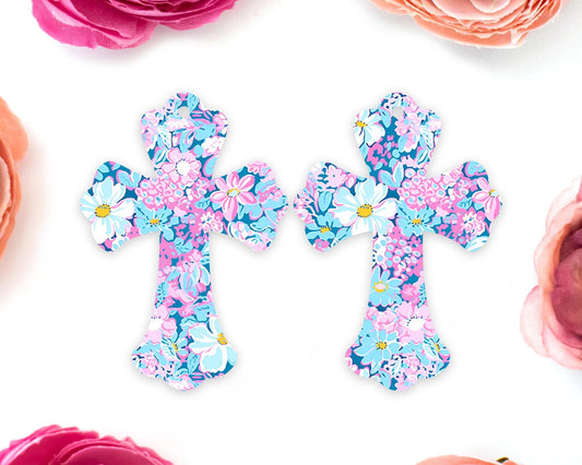 Pastel Blue & Pink Floral Cross Earring Blanks
