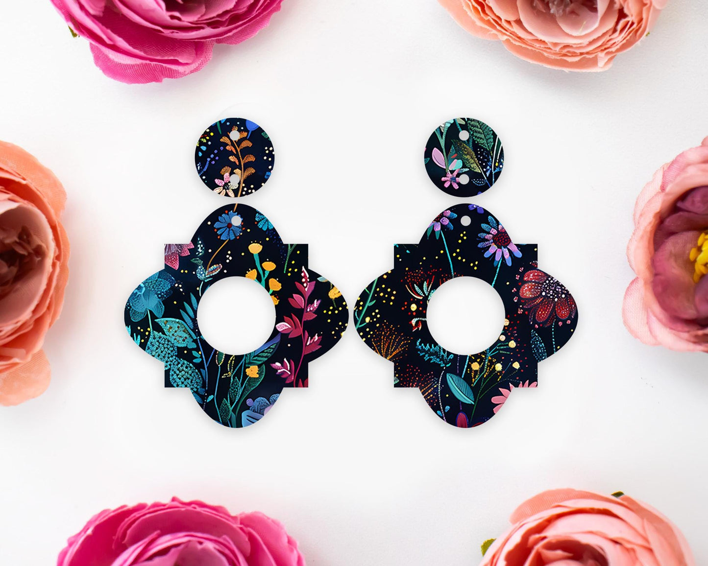 Geometric Dark Flowers Earrings Blanks