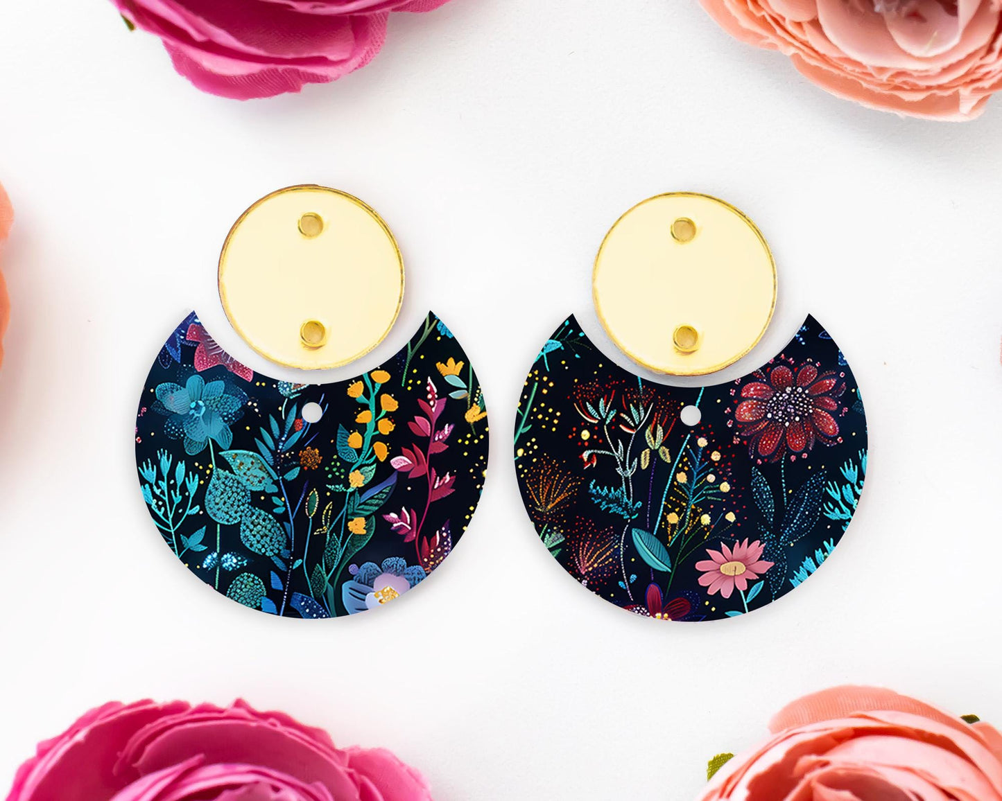 Dark Floral Circle Drop Earrings Blanks