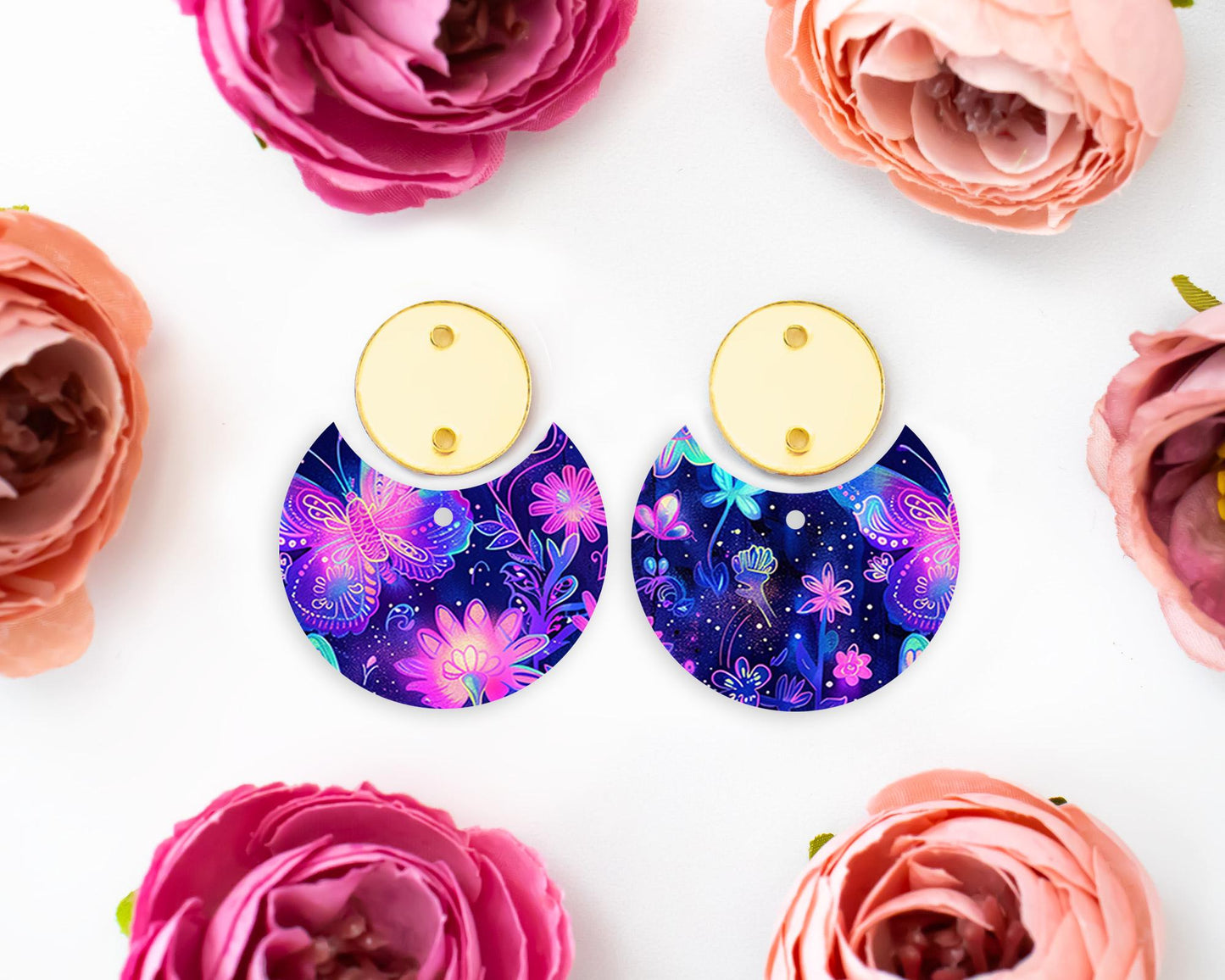 Neon Butterfly Floral Circle Drop Earrings Blanks