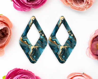 Teal Geode Pattern Diamond Teardrop Earrings Blanks
