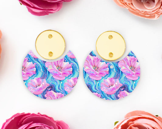 Pink & Blue Preppy Flowers Circle Drop Earrings Blanks