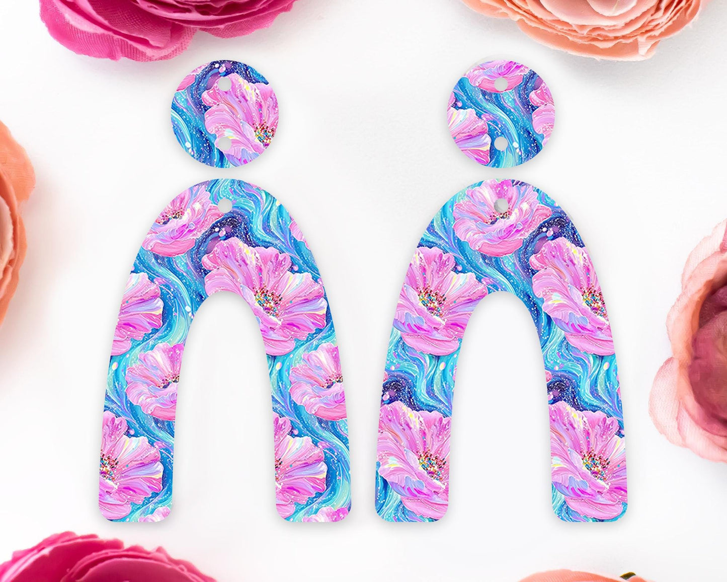 Pink & Blue Flowers Arch Earrings Blanks