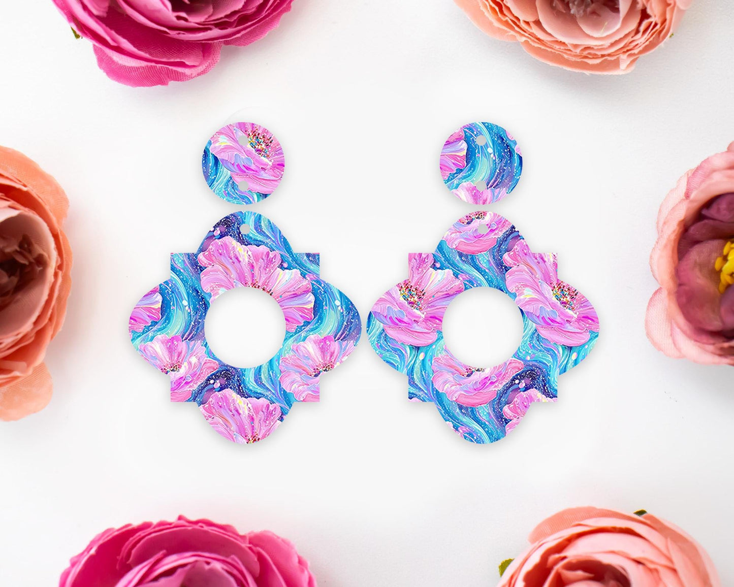 Geometric Blue & Pink Flowers Earrings Blanks