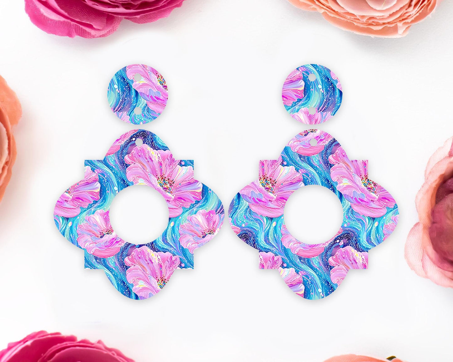 Geometric Blue & Pink Flowers Earrings Blanks