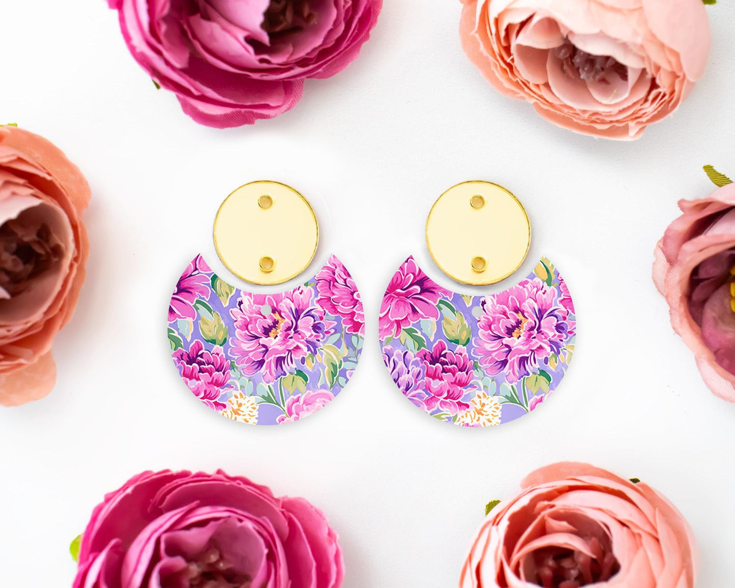 Peony Flowers Circle Drop Earrings Blanks