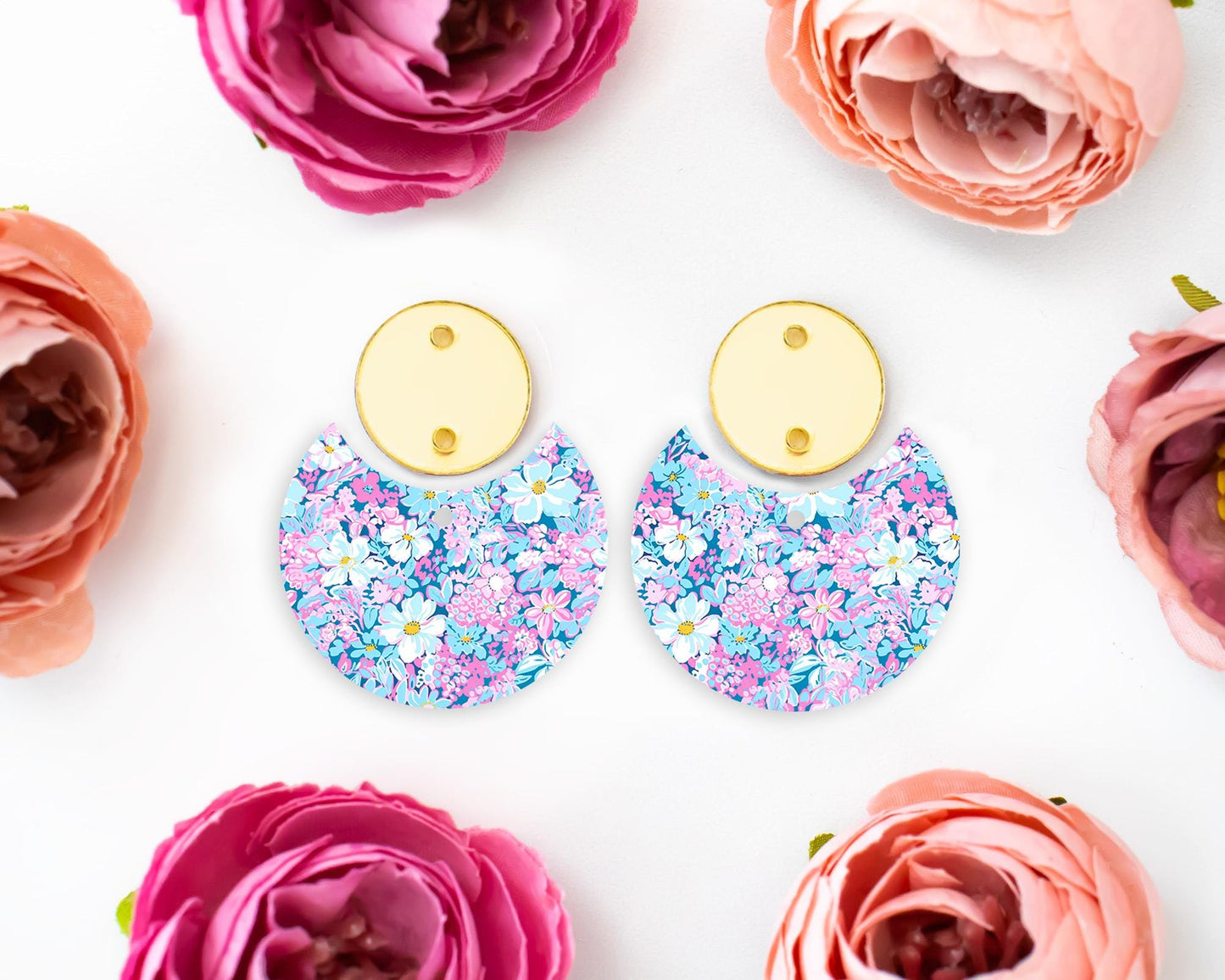 Pastel Blue & Pink Flowers Circle Drop Earrings Blanks