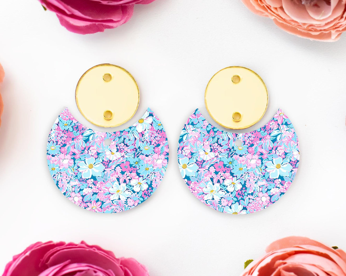 Pastel Blue & Pink Flowers Circle Drop Earrings Blanks