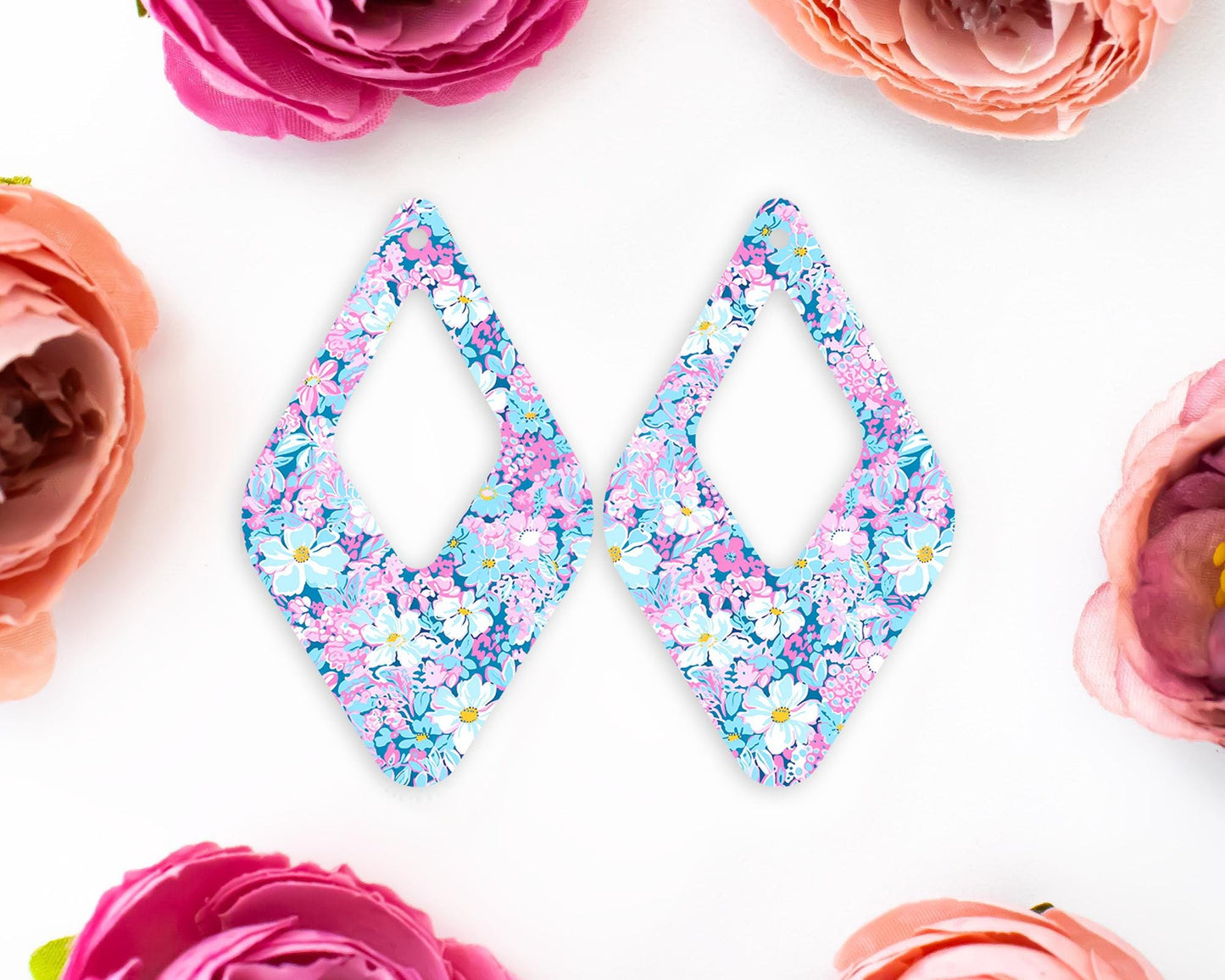 Pastel Blue and Pink Flower Teardrop Earrings Blanks
