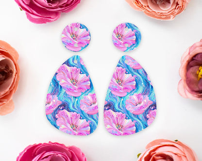 Pink & Blue Flowers Teardrop Earrings Blanks