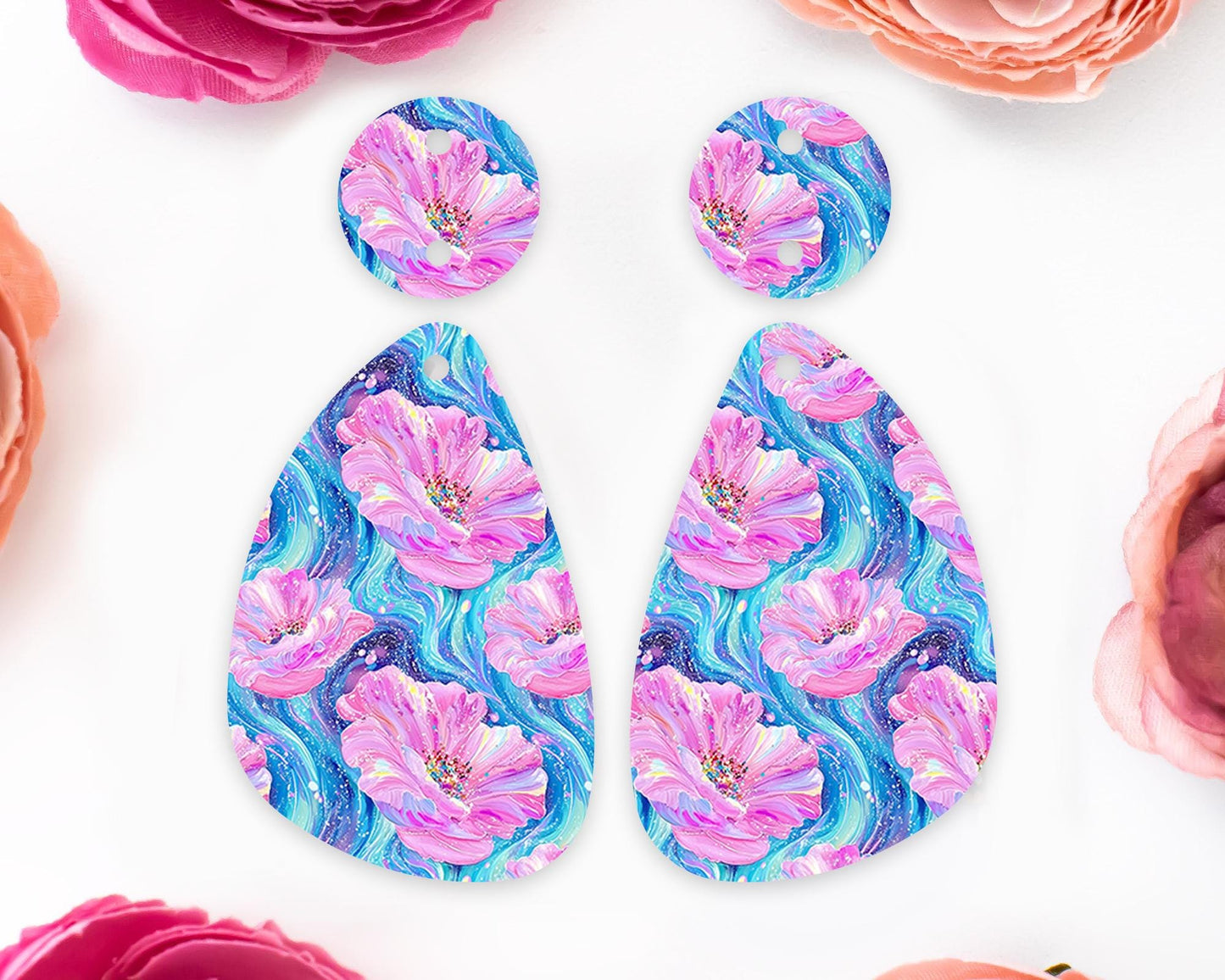 Pink & Blue Flowers Teardrop Earrings Blanks
